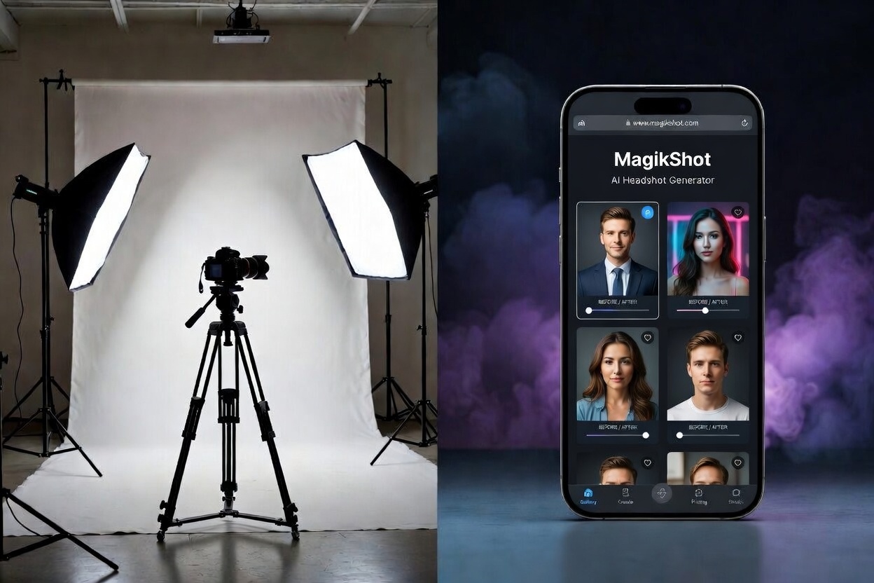 Side by side comparison of AI headshot and professional photographer headshot