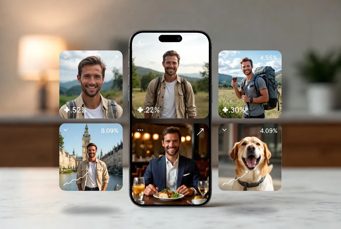 Phone mockup showing different dating photo types with match rate percentages